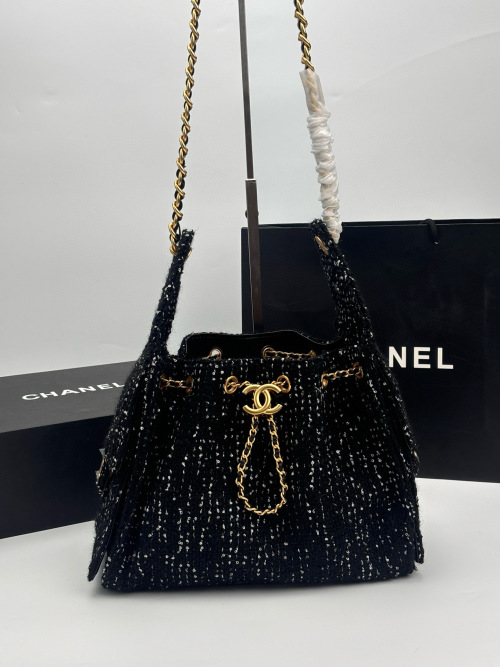 Chanel Tweed Bucket Bag with Chain, Black and White, 26-14-30cm 1 Chanel Tweed Bucket Bag with Chain, Black and White, 26-14-30cm