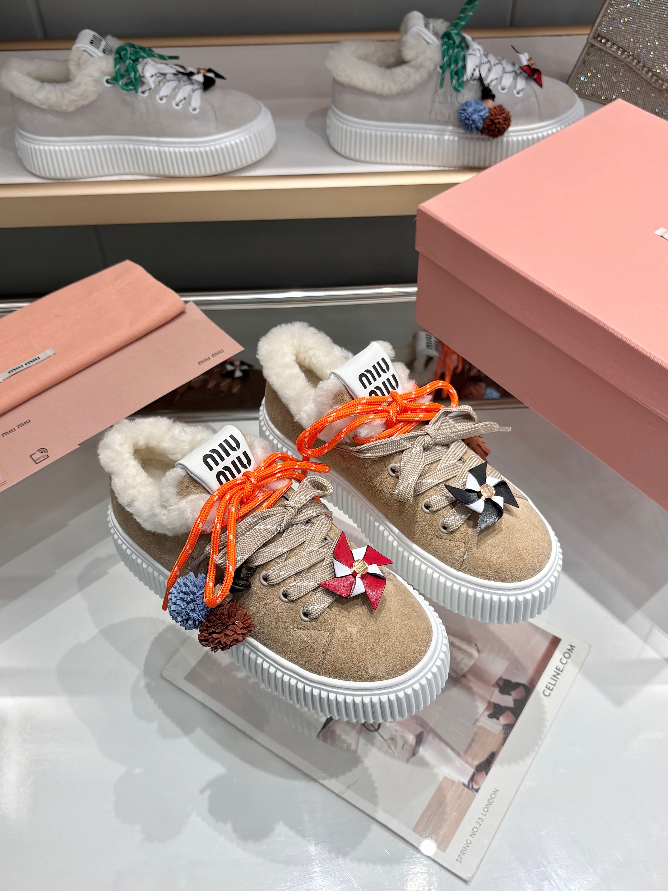 Miu Miu Women's 25SS Winter New Thick-Soled Sneakers, Lambswool Shoes