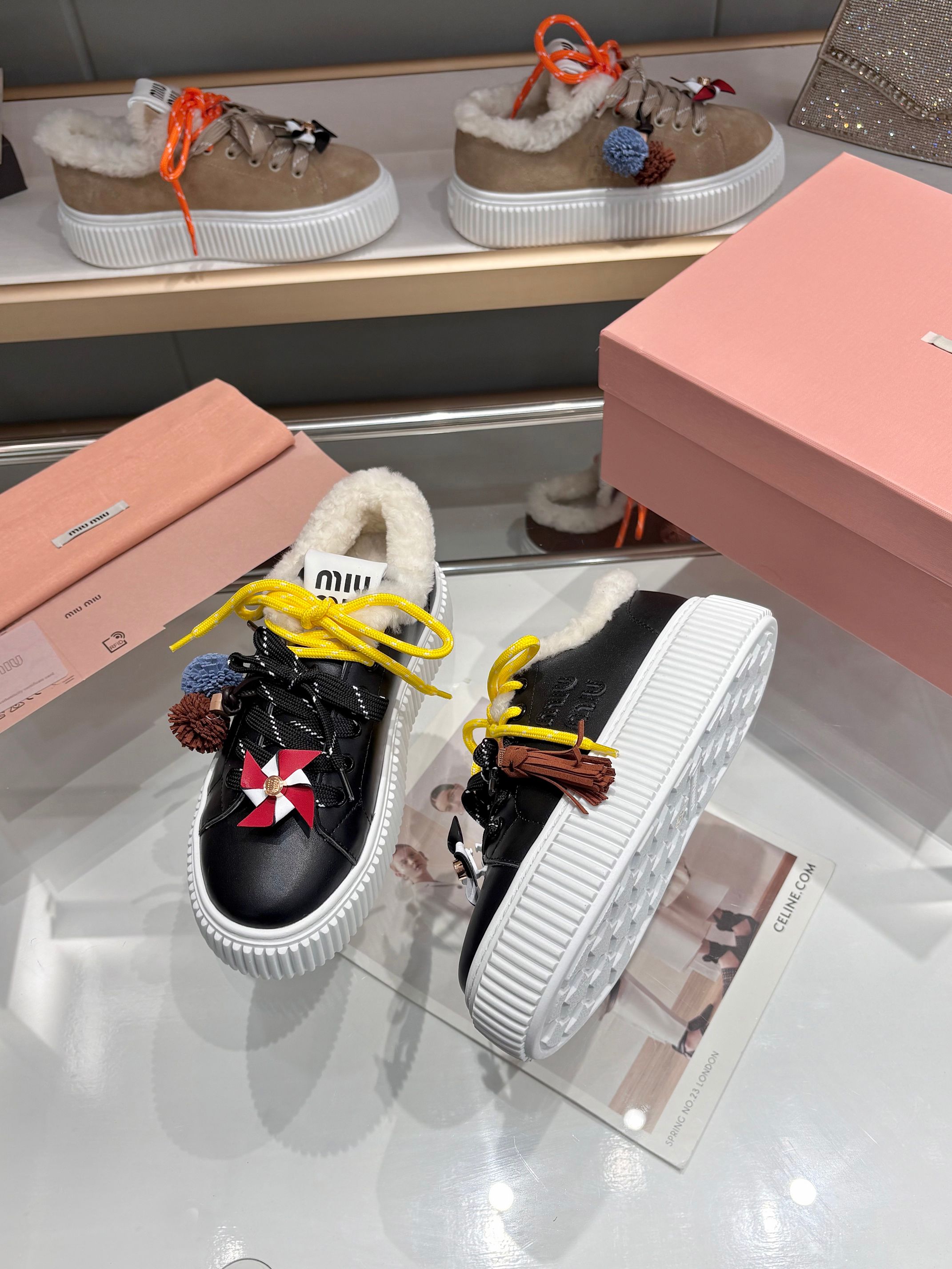 Miu Miu Women's Shearling Trim Leather Platform Sneakers - Stylish & Comfy 6 a1758187621343 0446