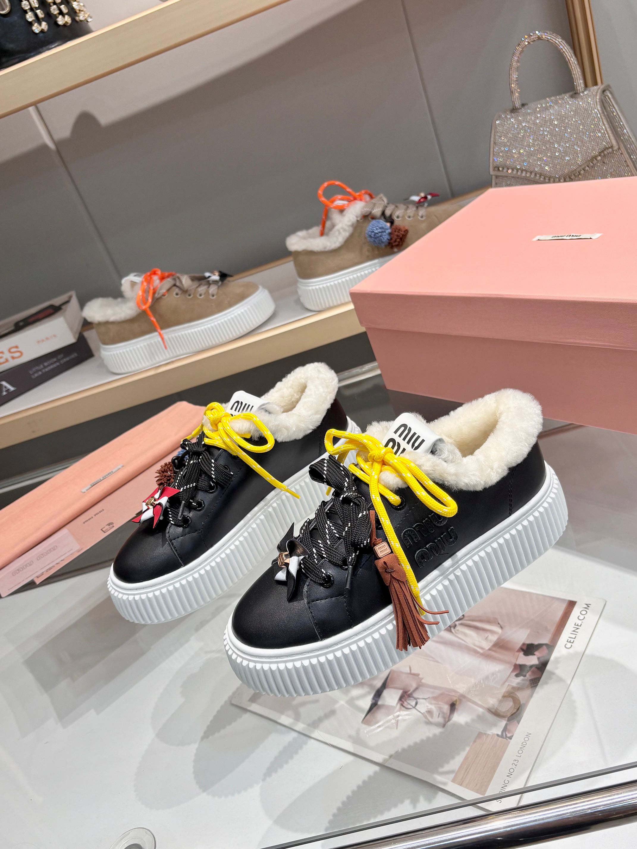 Miu Miu Women's Shearling Trim Leather Platform Sneakers - Stylish & Comfy 3 a1758187621537 3504