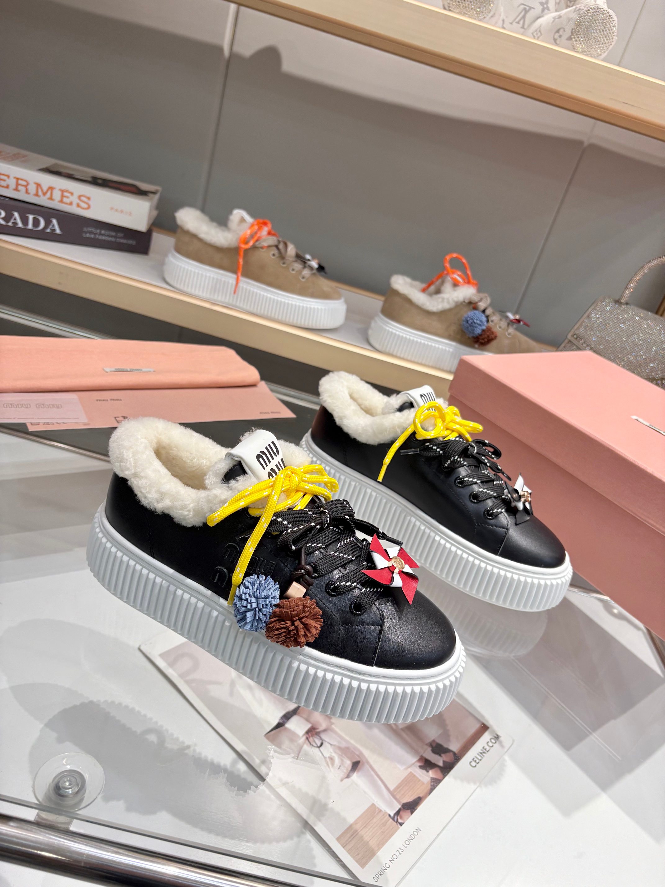 Miu Miu Women's Shearling Trim Leather Platform Sneakers - Stylish & Comfy 5 a1758187621561 3200