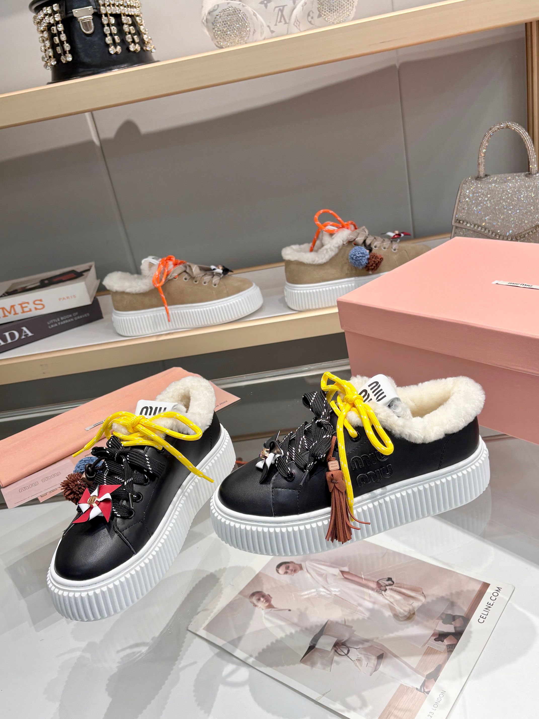 Miu Miu Women's Shearling Trim Leather Platform Sneakers - Stylish & Comfy 4 a1758187621705 6524