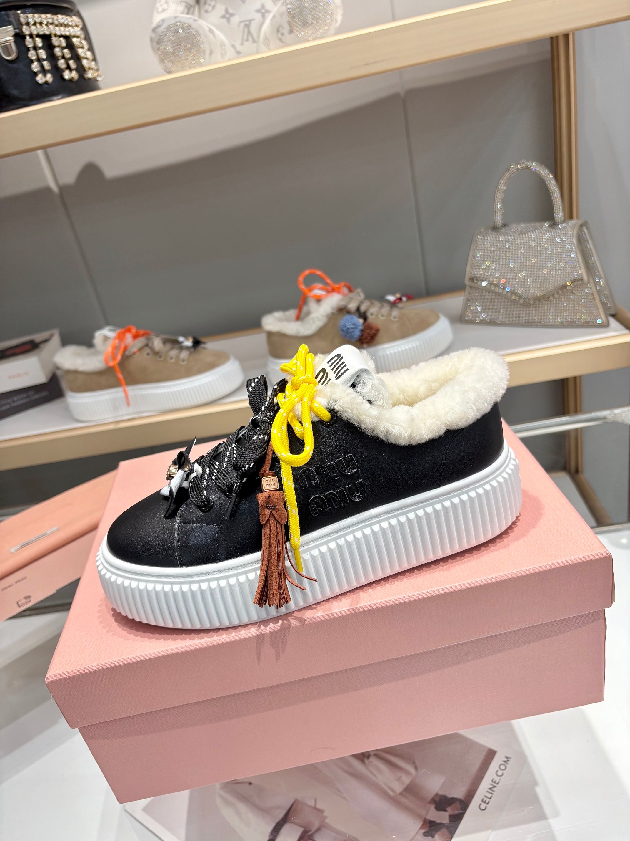 Miu Miu Women's Shearling Trim Leather Platform Sneakers - Stylish & Comfy 7 a1758187623896 7803