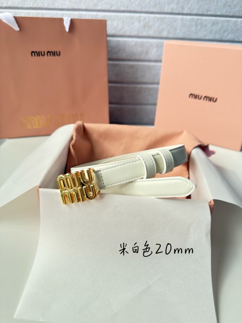 Miu Miu Women's White Leather Belt with Gold Logo Buckle, 20mm