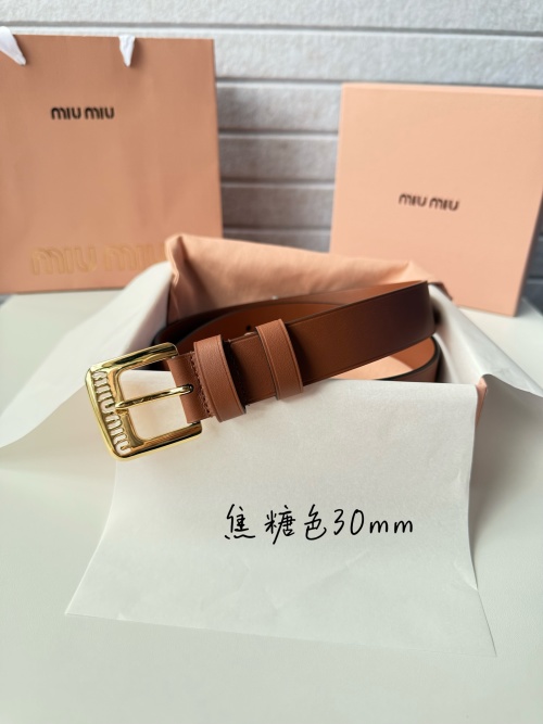 Miu Miu Women's Caramel Leather Belt with Gold Buckle, 3.0cm Width 1 Miu Miu Women's Caramel Leather Belt with Gold Buckle, 3.0cm Width