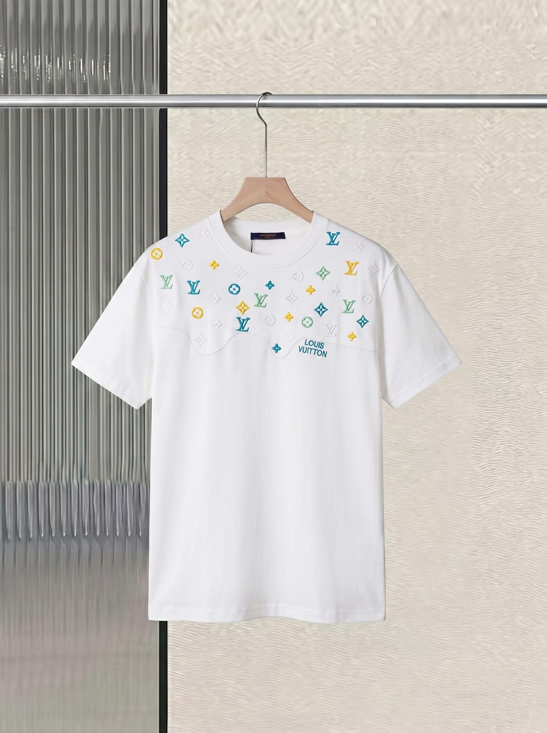 P80 Louis Vuitton bordado de cielo estrellado, camiseta de manga corta 100% algodón 280g, molde original 1:1, desarroll…
