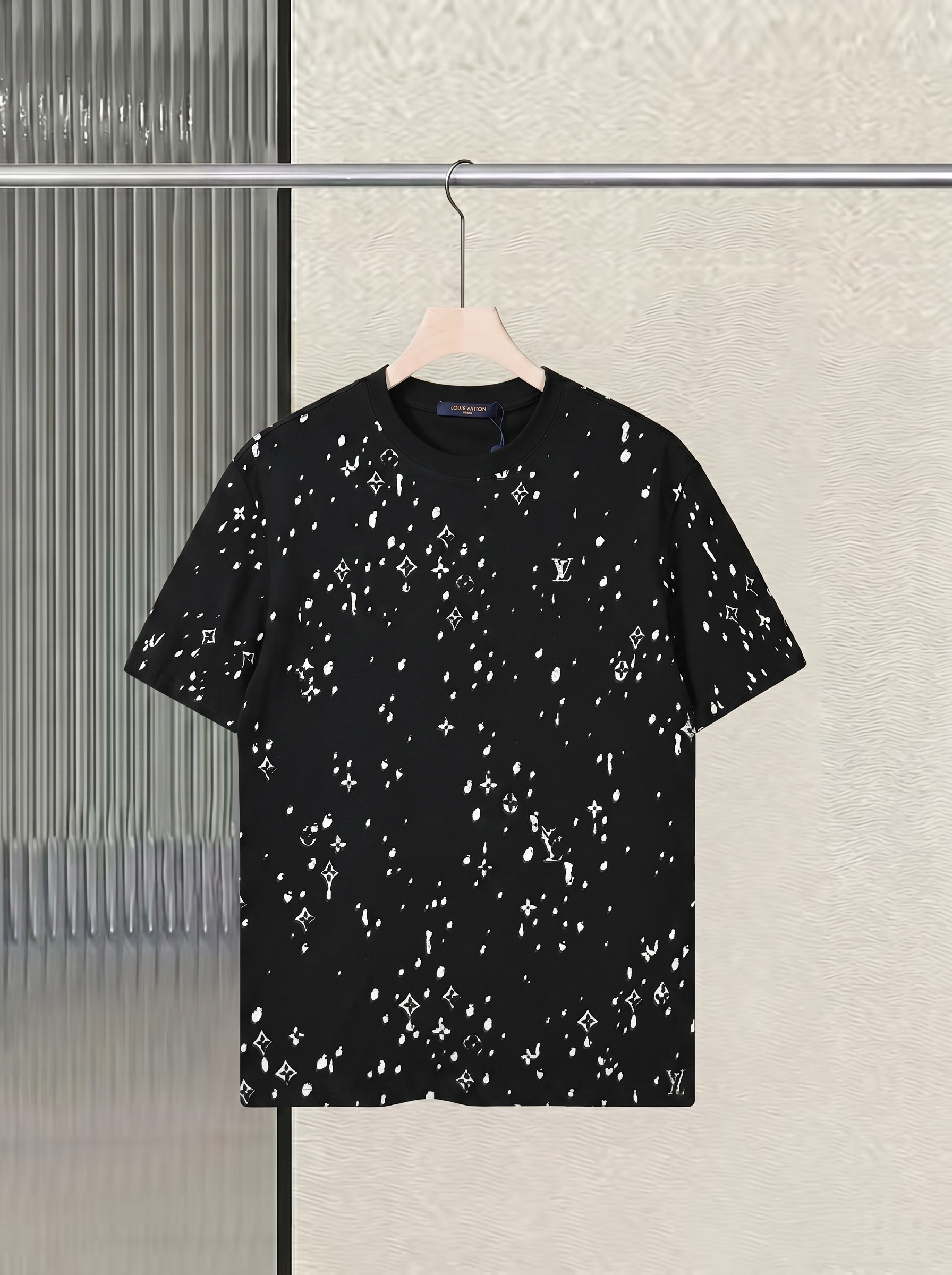 P80 Louis Vuitton estampado completo de gotas de tinta, camiseta de manga corta 100% algodón 280g, molde original 1:1, …