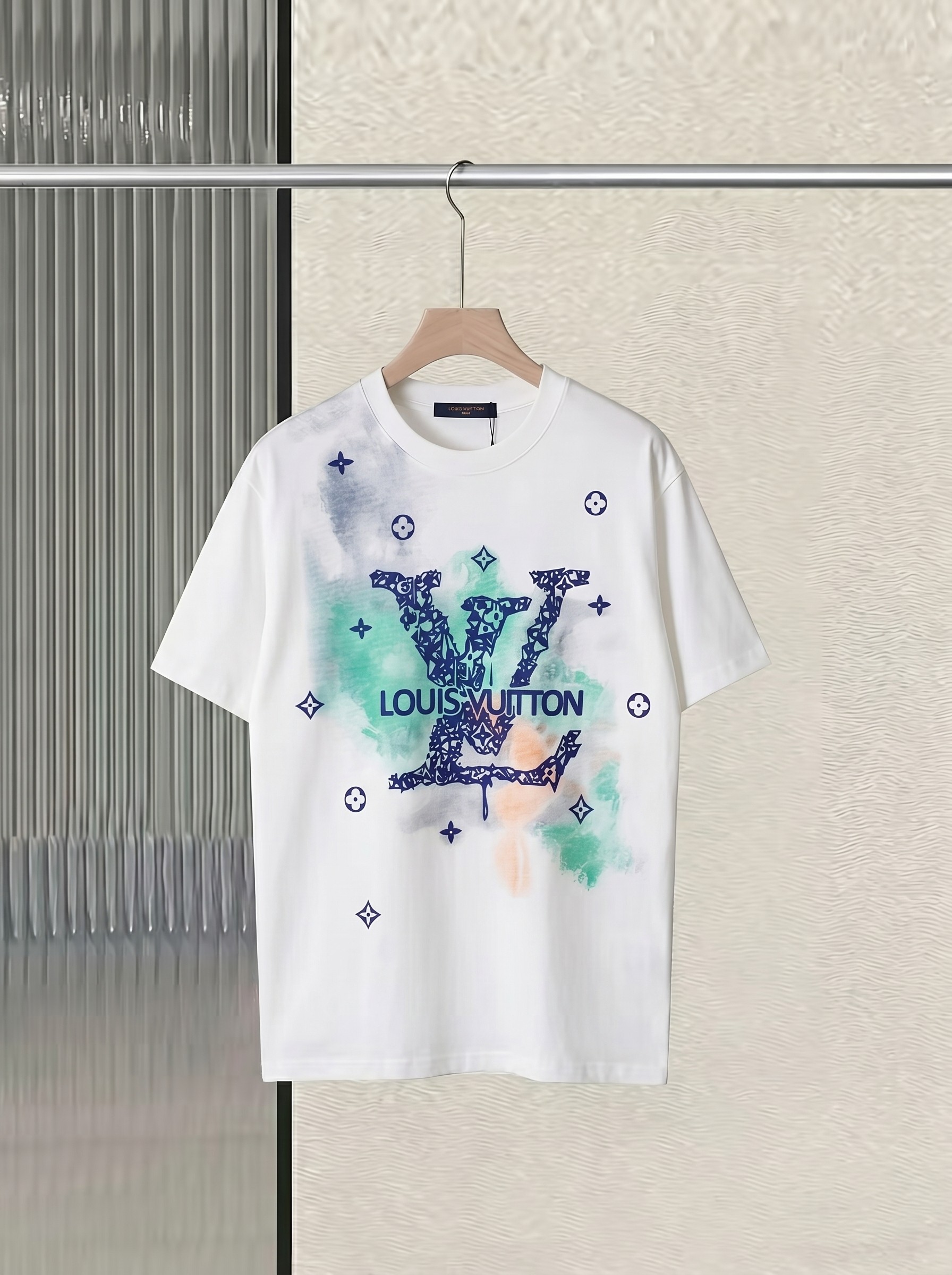 P80 Louis Vuitton Luis, estampado de logo grande, camiseta de manga corta de algodón puro 280g, réplica 1:1 con molde o…