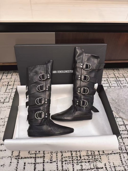 Ann Demeulemeester Black Leather Buckled Knee-High Biker Boots for Women 1 Ann Demeulemeester Black Leather Buckled Knee-High Biker Boots for Women