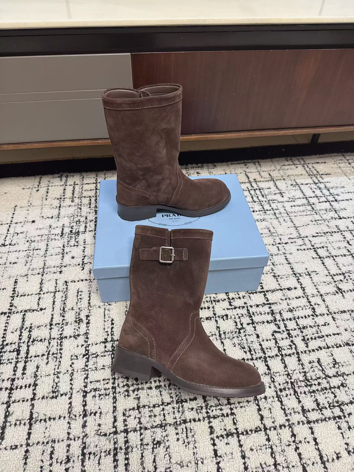 Prada Suede Buckle Mid-Calf Boots