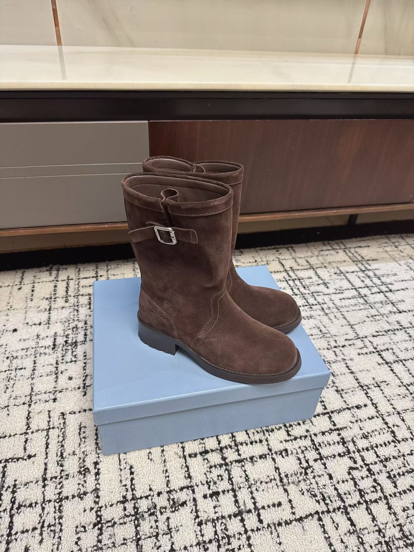 Prada Suede Buckle Mid-Calf Boots