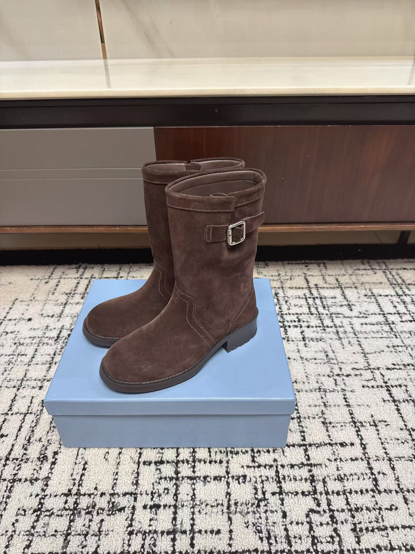Prada Suede Buckle Mid-Calf Boots