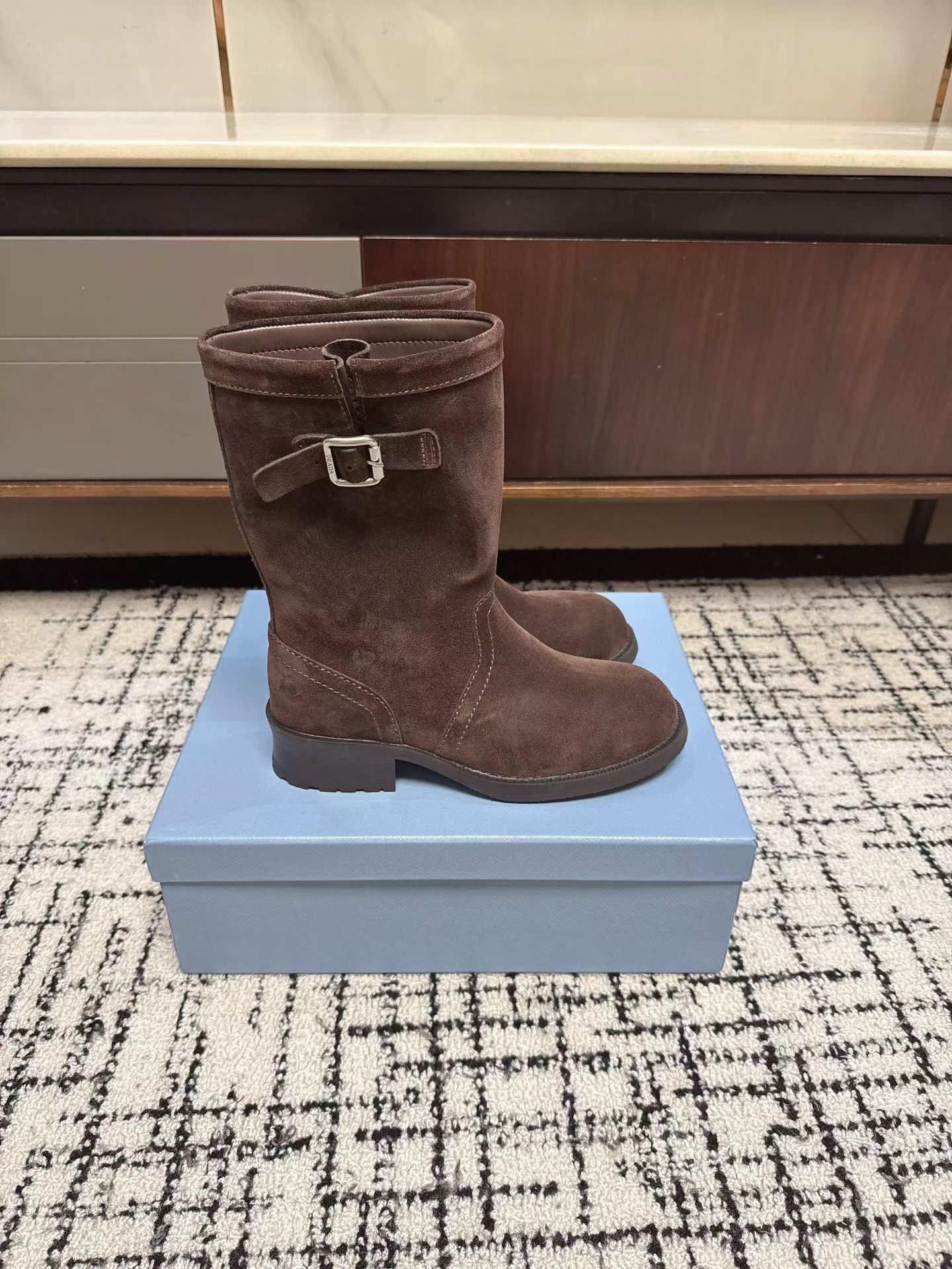 Prada Suede Buckle Mid-Calf Boots