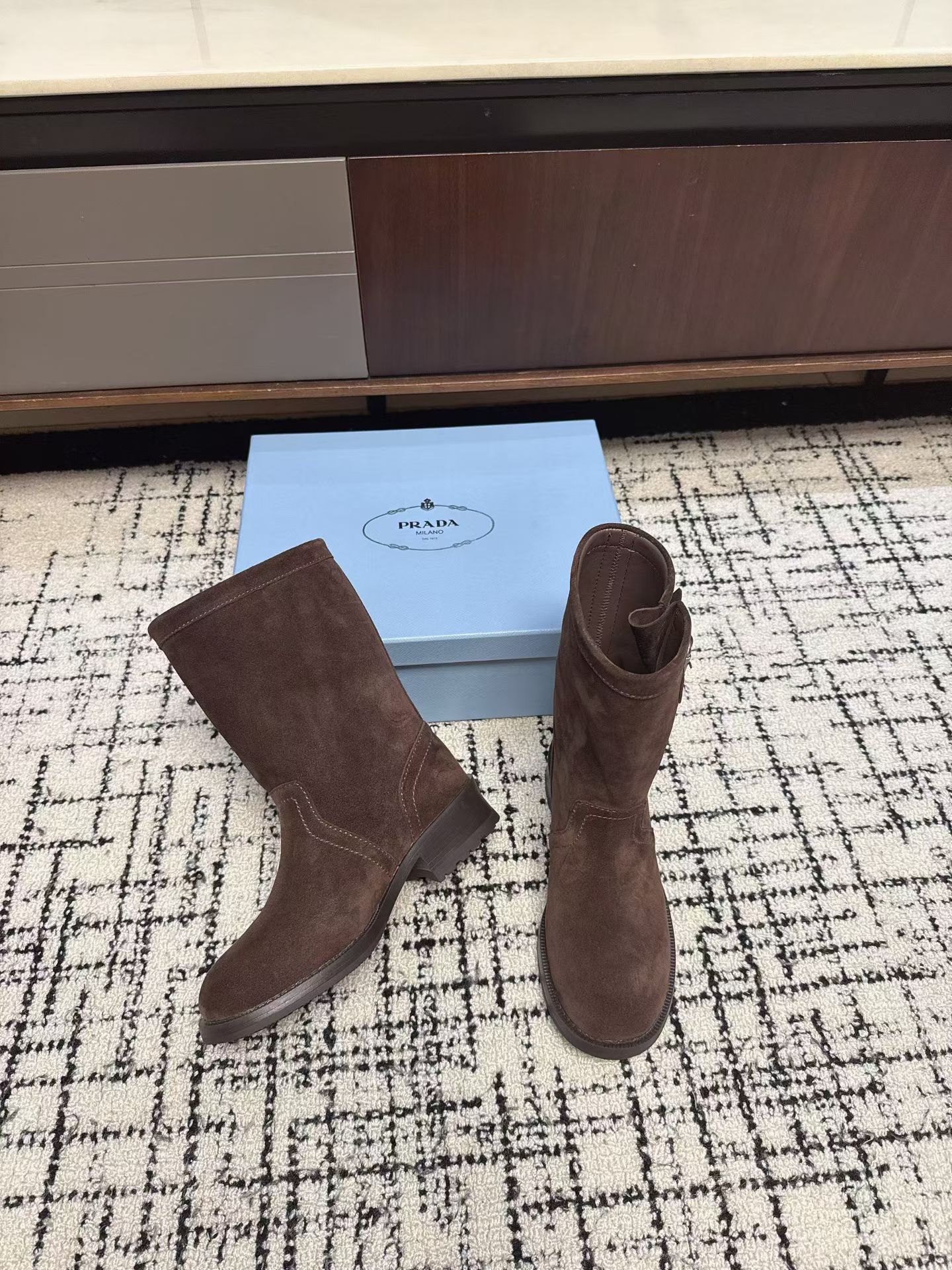 Prada Suede Buckle Mid-Calf Boots