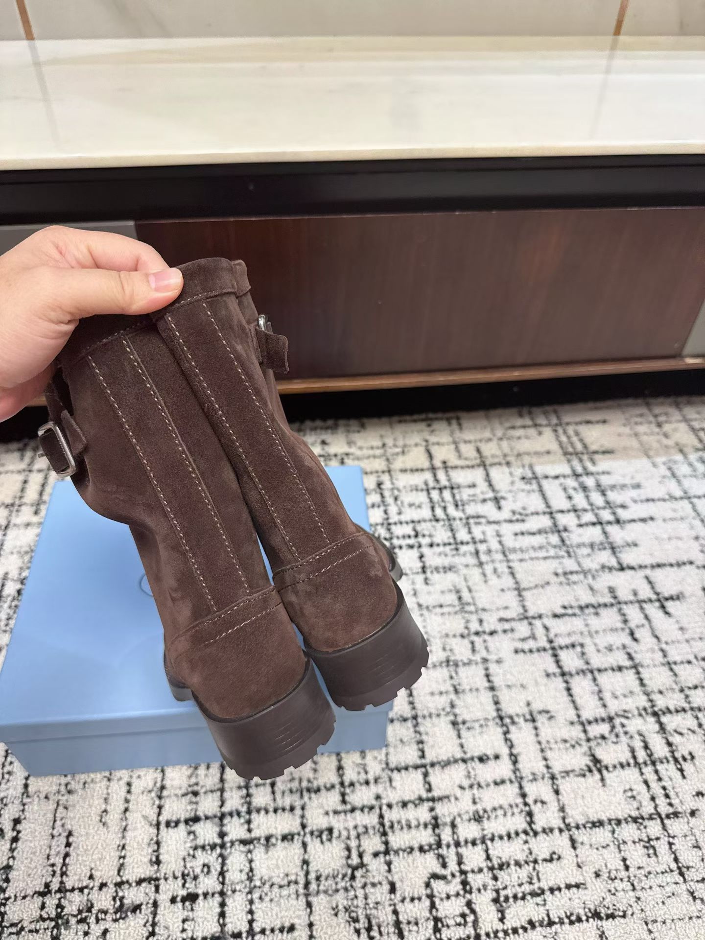 Prada Suede Buckle Mid-Calf Boots