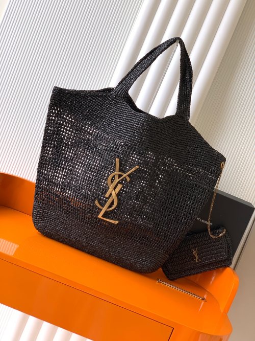 Yves Saint Laurent Icare Raffia Woven Shopping Bag - Black 1 Yves Saint Laurent Icare Raffia Woven Shopping Bag - Black