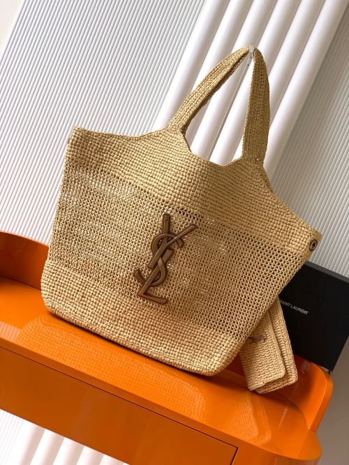 Yves Saint Laurent Icare Raffia Woven Shopping Bag with Pouch