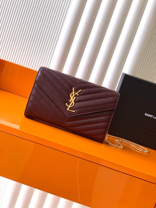Yves Saint Laurent Monogram Envelope Wallet with Chain in Red Leather