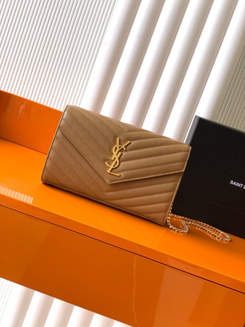 Yves Saint Laurent Monogram Caramel Leather Wallet-on-Chain Clutch 1 Yves Saint Laurent Monogram Caramel Leather Wallet-on-Chain Clutch