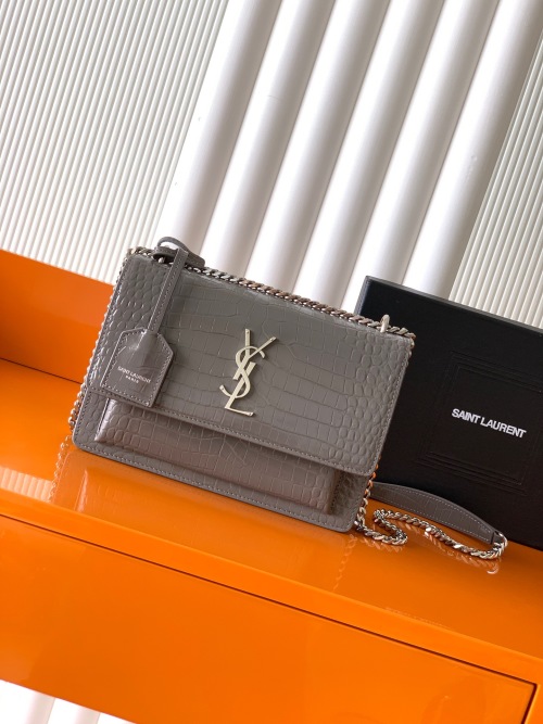 Yves Saint Laurent Sunset Gray Crocodile Embossed Leather Shoulder Bag