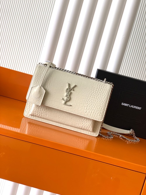 Yves Saint Laurent Sunset White Crocodile Embossed Leather Shoulder Bag 1 Yves Saint Laurent Sunset White Crocodile Embossed Leather Shoulder Bag