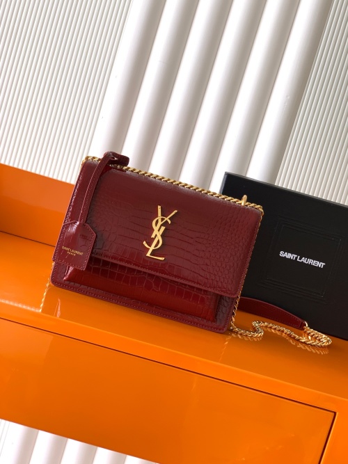 Yves Saint Laurent Sunset 22cm Crocodile Embossed Shoulder Bag-Burgundy 1 Yves Saint Laurent Sunset 22cm Crocodile Embossed Shoulder Bag-Burgundy