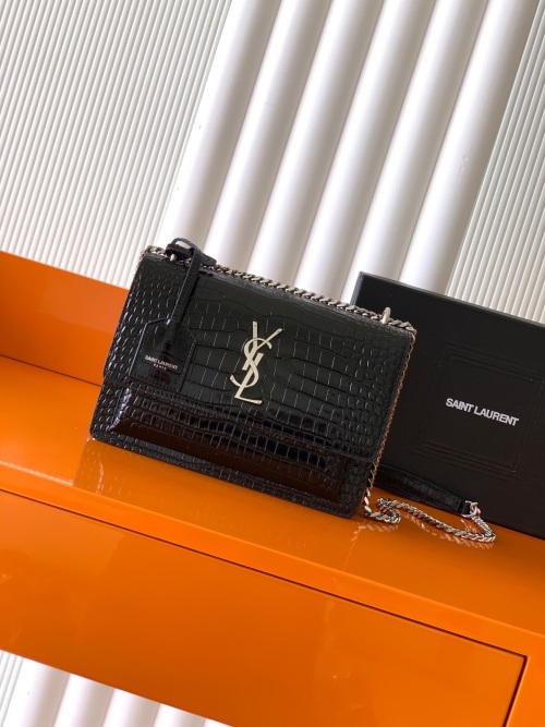 Saint Laurent Sunset Crocodile Embossed Leather Shoulder Bag, Black, 22cm 1 Saint Laurent Sunset Crocodile Embossed Leather Shoulder Bag, Black, 22cm