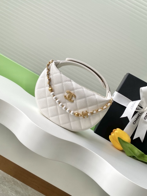 Chanel White Quilted Leather Crescent Bag with Pearl and Chain Detail 1 Chanel White Quilted Leather Crescent Bag with Pearl and Chain Detail