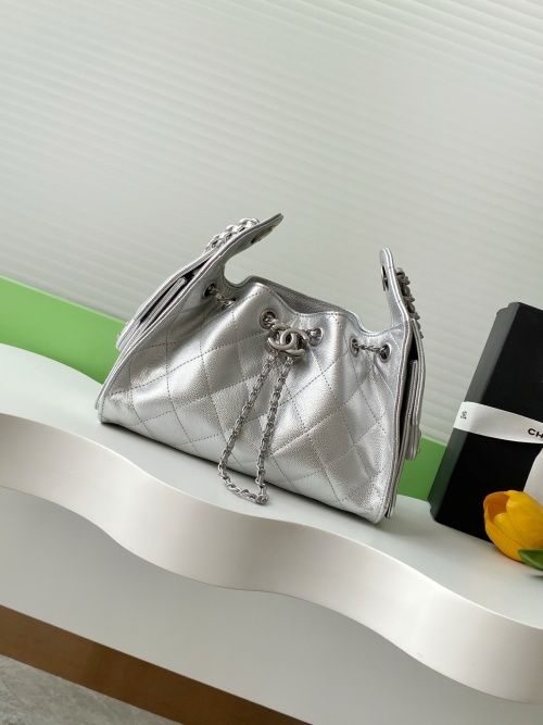 Chanel Hobo Mini Bag, Silver Quilted Leather Bucket Bag with Chain Detail 1 Chanel Hobo Mini Bag, Silver Quilted Leather Bucket Bag with Chain Detail