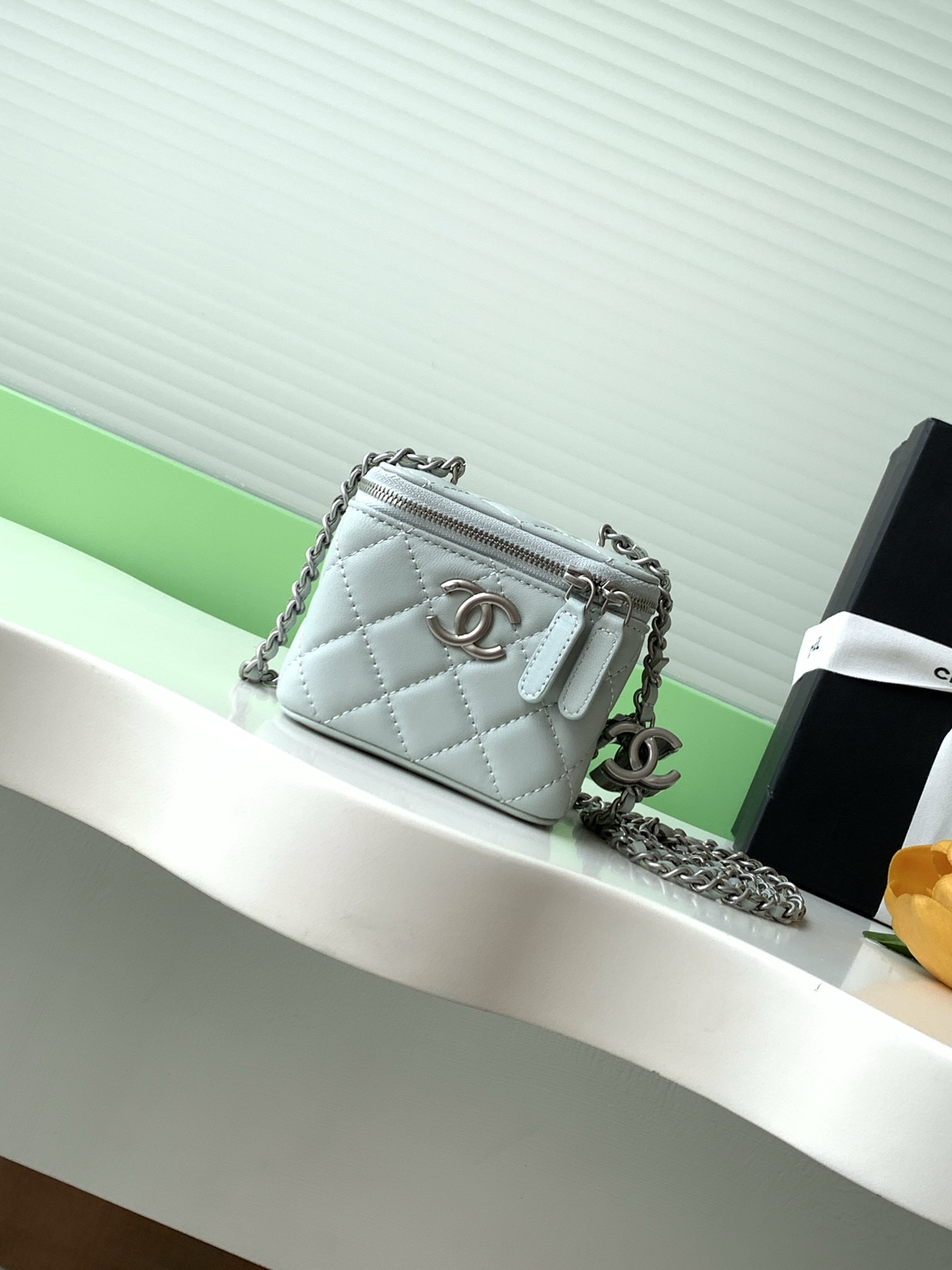 Chanel Lambskin Vanity Bag with Chain, Light Blue, 11x8.5x7 cm
