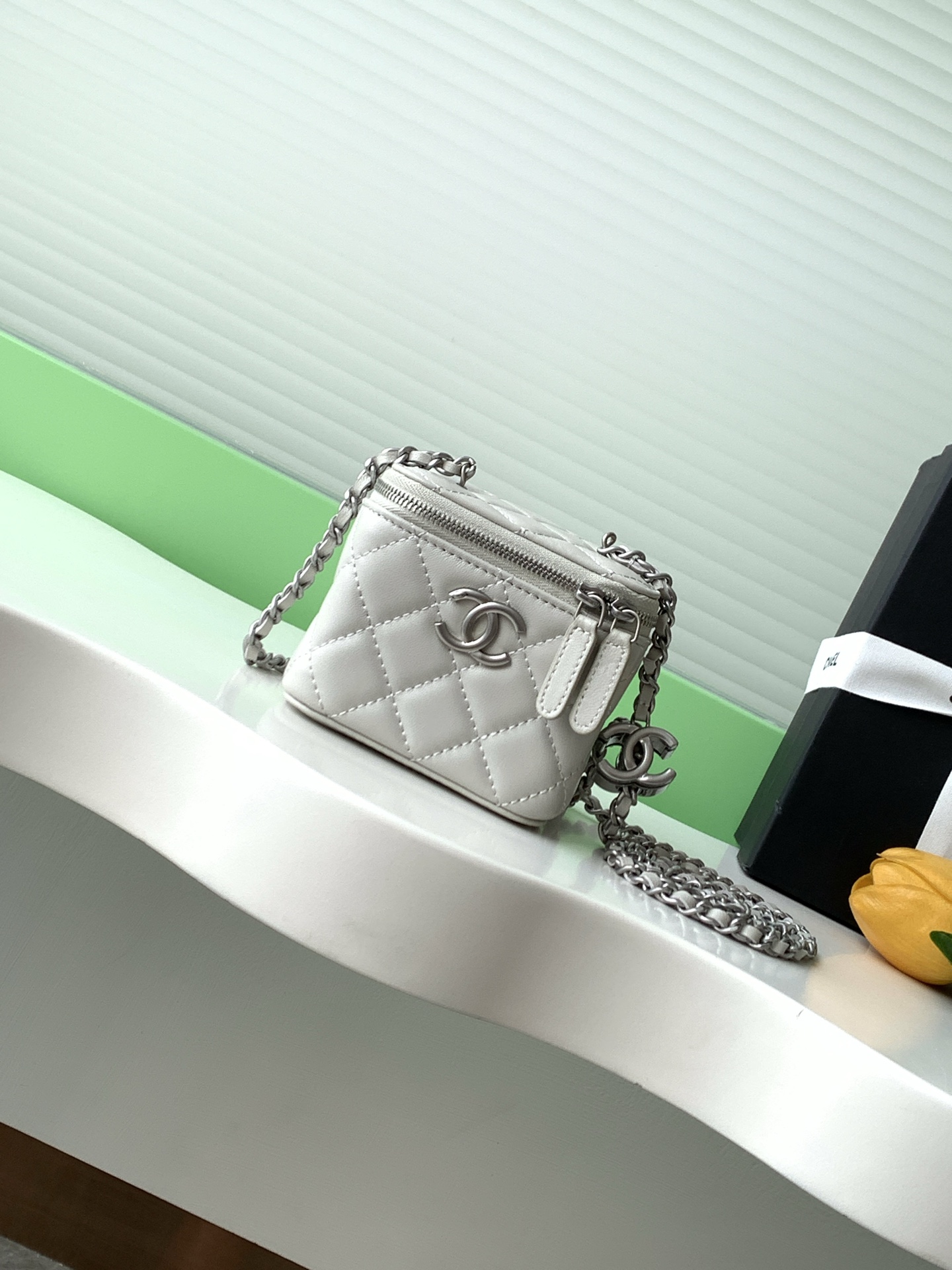 Elegant Lambskin Vanity Bag with Enamel Logo & Adjustable Chain Detail