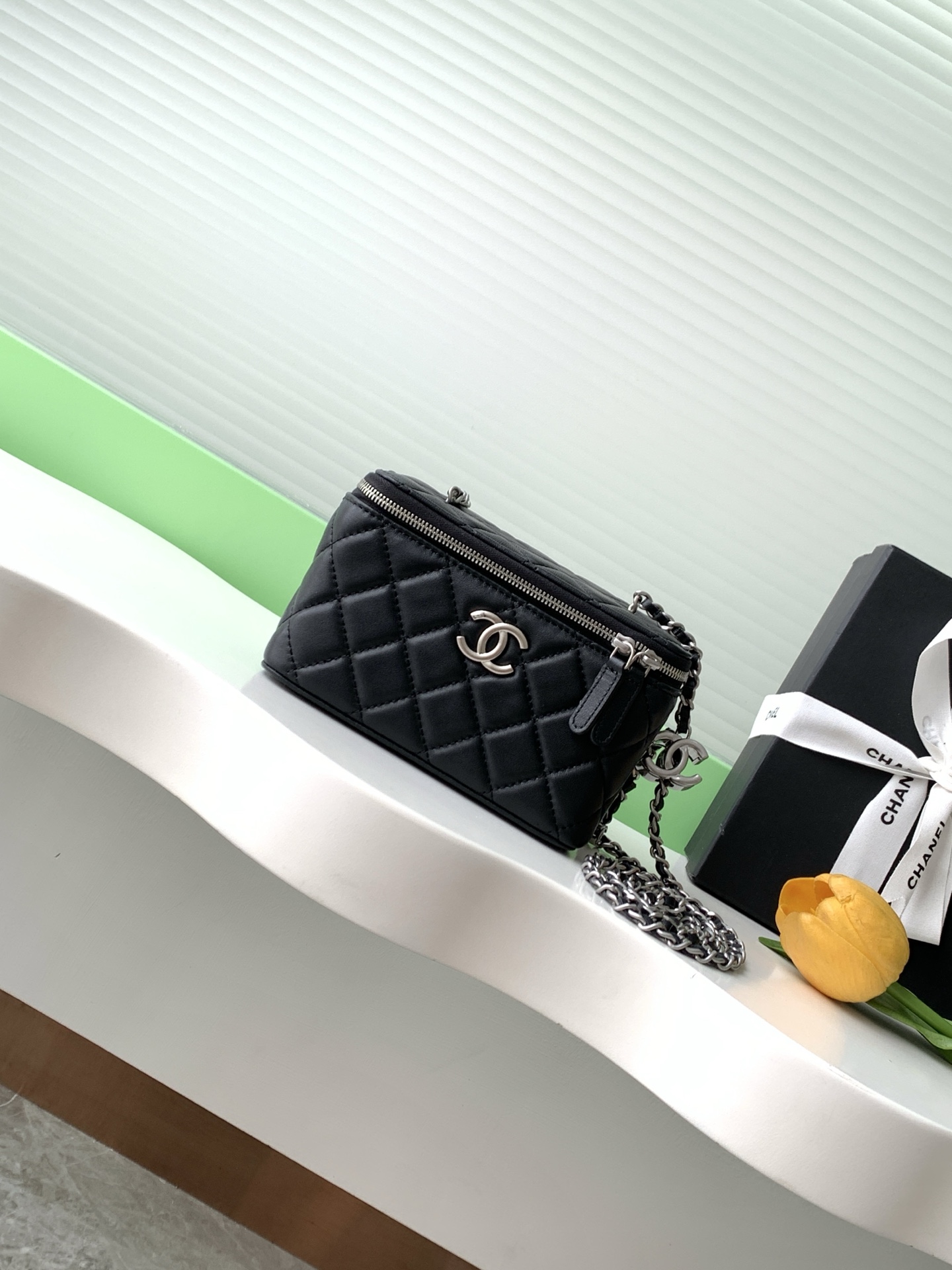 Chanel Lambskin Vanity Case with Chain - Elegant Double C Logo
