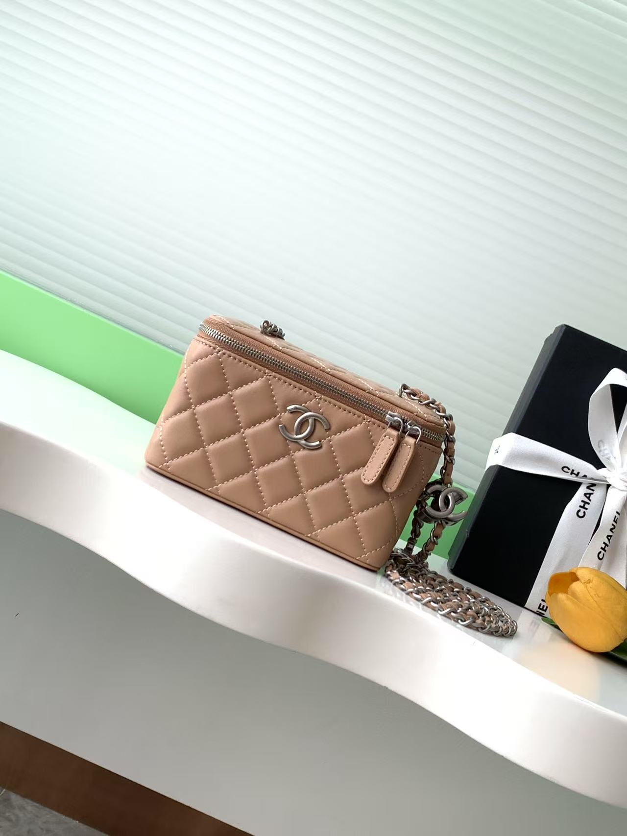 Chanel Lambskin Vanity Case Bag with Chain - Elegant & Compact