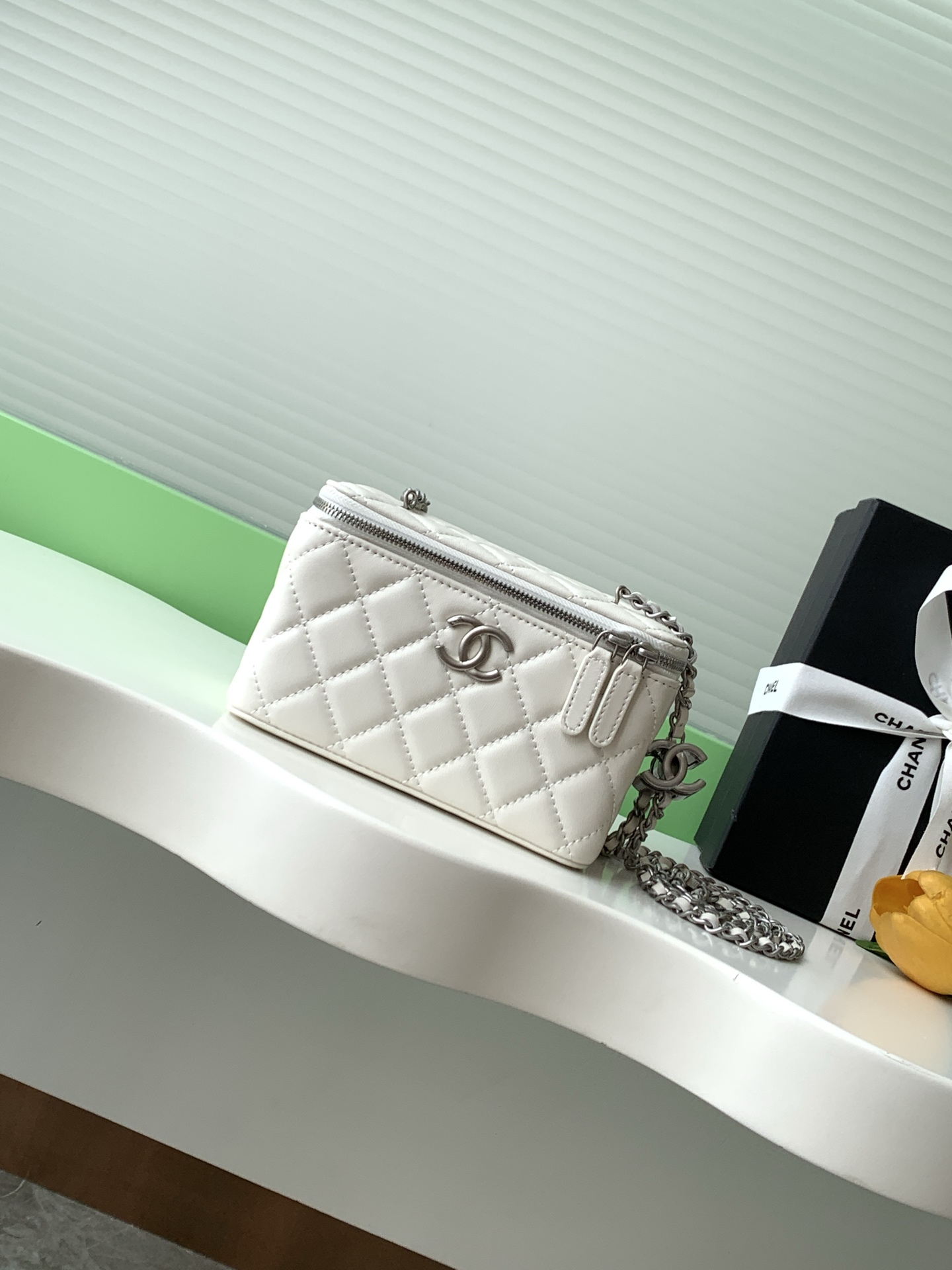 Elegant Lambskin Vanity Bag with Enamel Logo & Adjustable Chain