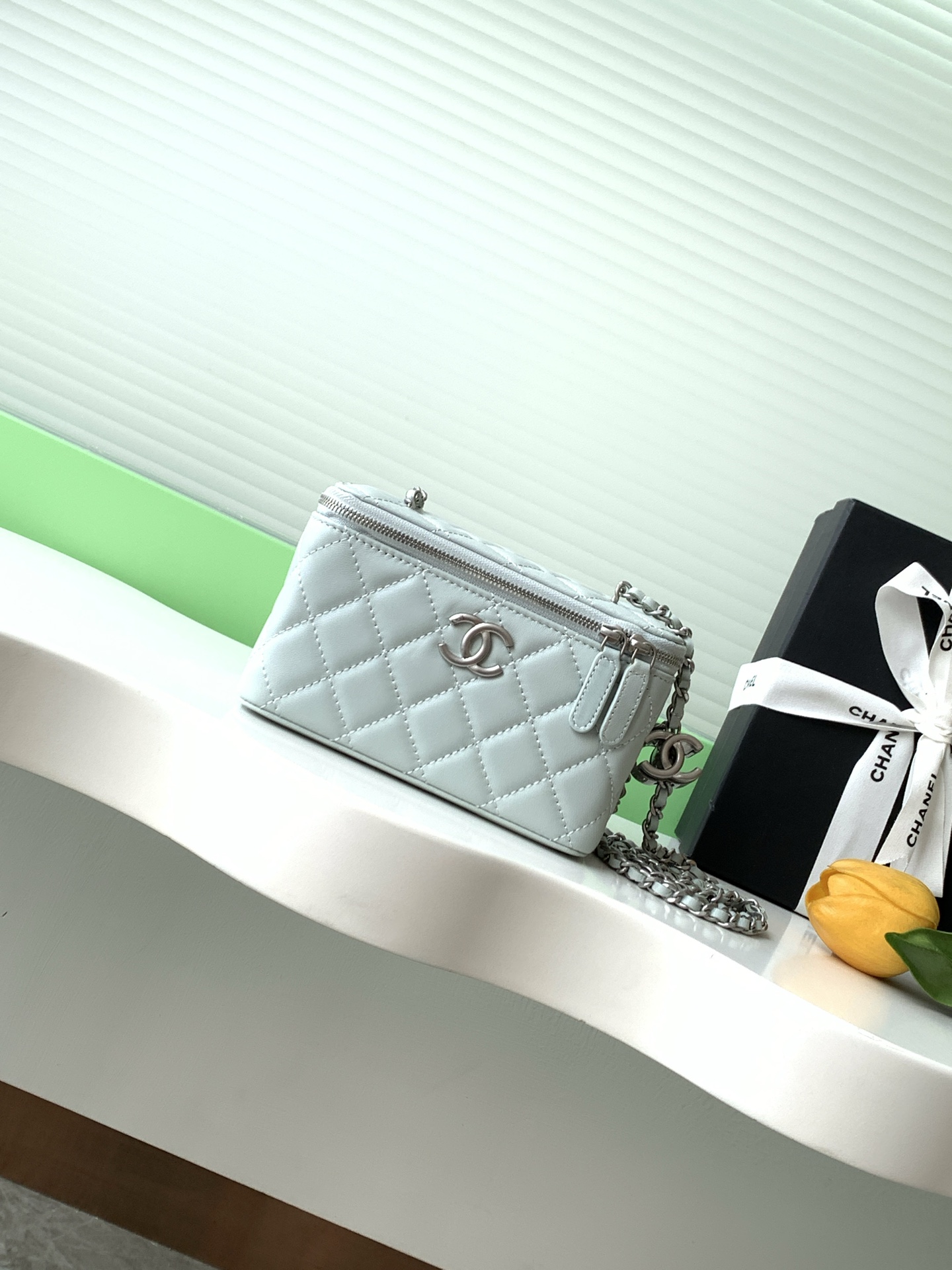 Chanel Lambskin Vanity Bag with Chain, Light Blue, 9.5-17-8cm