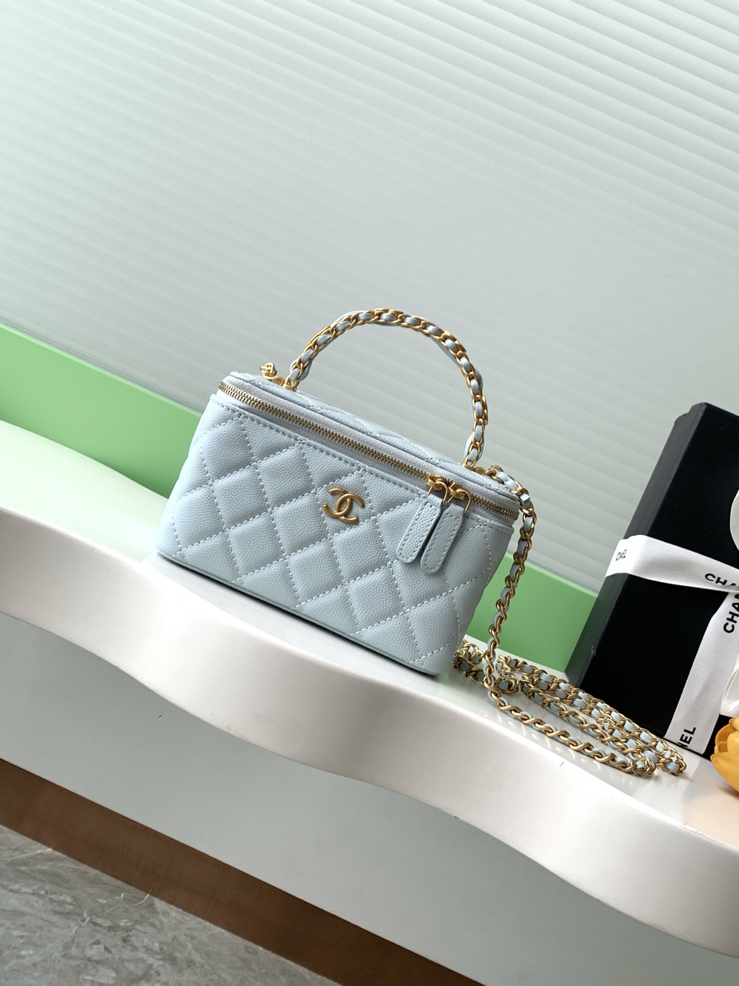 Elegant Vanity Case with Double C Logo, Quilted Design & Chain Strap