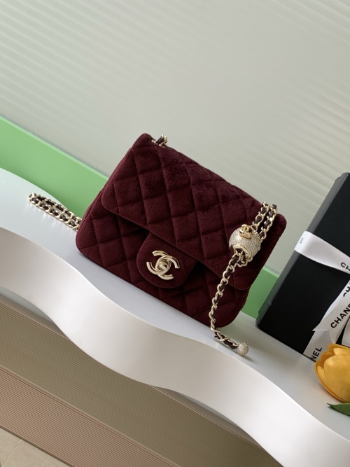 Chanel Classic Flap Bag 25A Velvet with Diamond Ball, Burgundy, 13-18-7cm 1 Chanel Classic Flap Bag 25A Velvet with Diamond Ball, Burgundy, 13-18-7cm