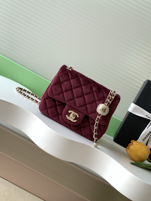 Chanel Classic Flap Velvet Bag with Diamond Ball, Burgundy, 13-18-7 cm 1 Chanel Classic Flap Velvet Bag with Diamond Ball, Burgundy, 13-18-7 cm