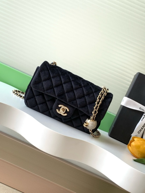 Chanel Classic Flap Bag 25a Velvet with Diamante Ball, Black, 13-20-7 cm 1 Chanel Classic Flap Bag 25a Velvet with Diamante Ball, Black, 13-20-7 cm