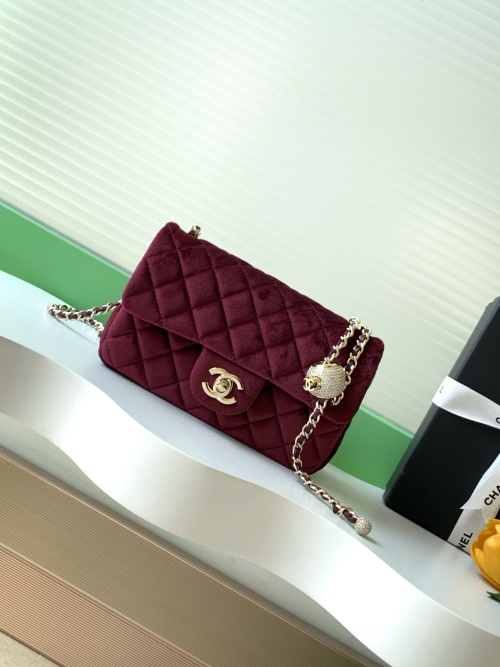 Chanel Classic Flap Velvet Bag with Diamond Ball, Burgundy,AS1787 1 Chanel Classic Flap Velvet Bag with Diamond Ball, Burgundy,AS1787