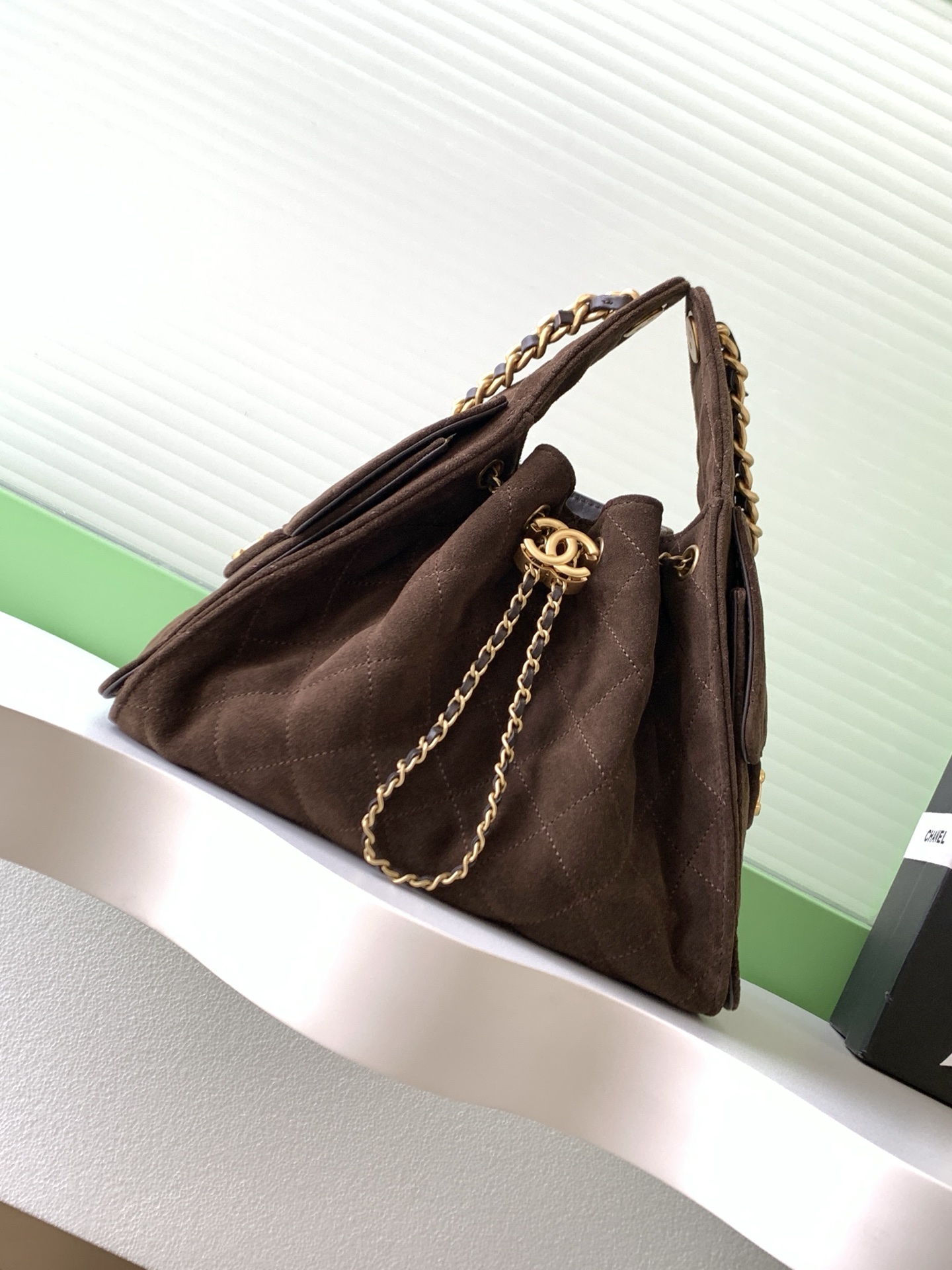 Chanel Brown Suede Bucket Bag with Gold Chain and Diamond Quilted Design