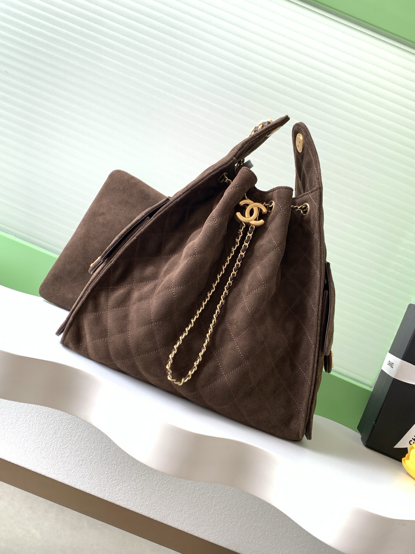 Elegant Suede Bucket Bag with Chain & Coin Accent - Versatile Shoulder Bag