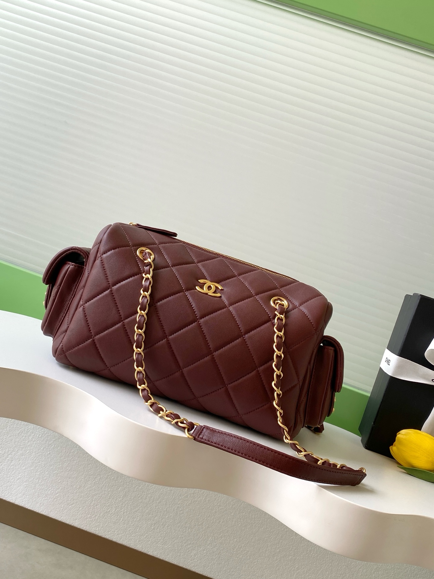 Chanel 25K Bowling Bag Lambskin with Brushed Hardware, Burgundy