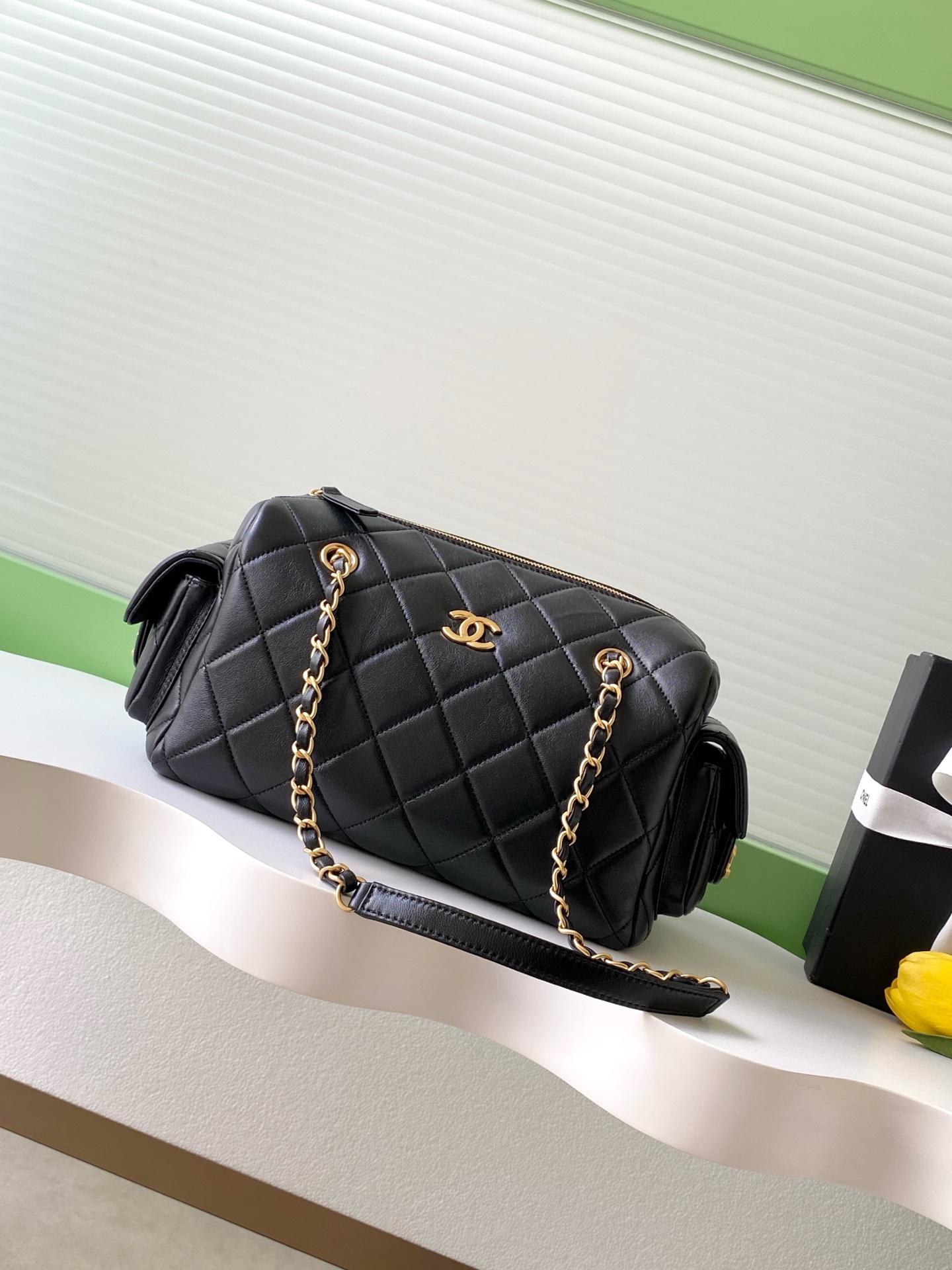 Chanel 25K Lambskin Bowling Bag, Black Leather with Brushed Gold Hardware