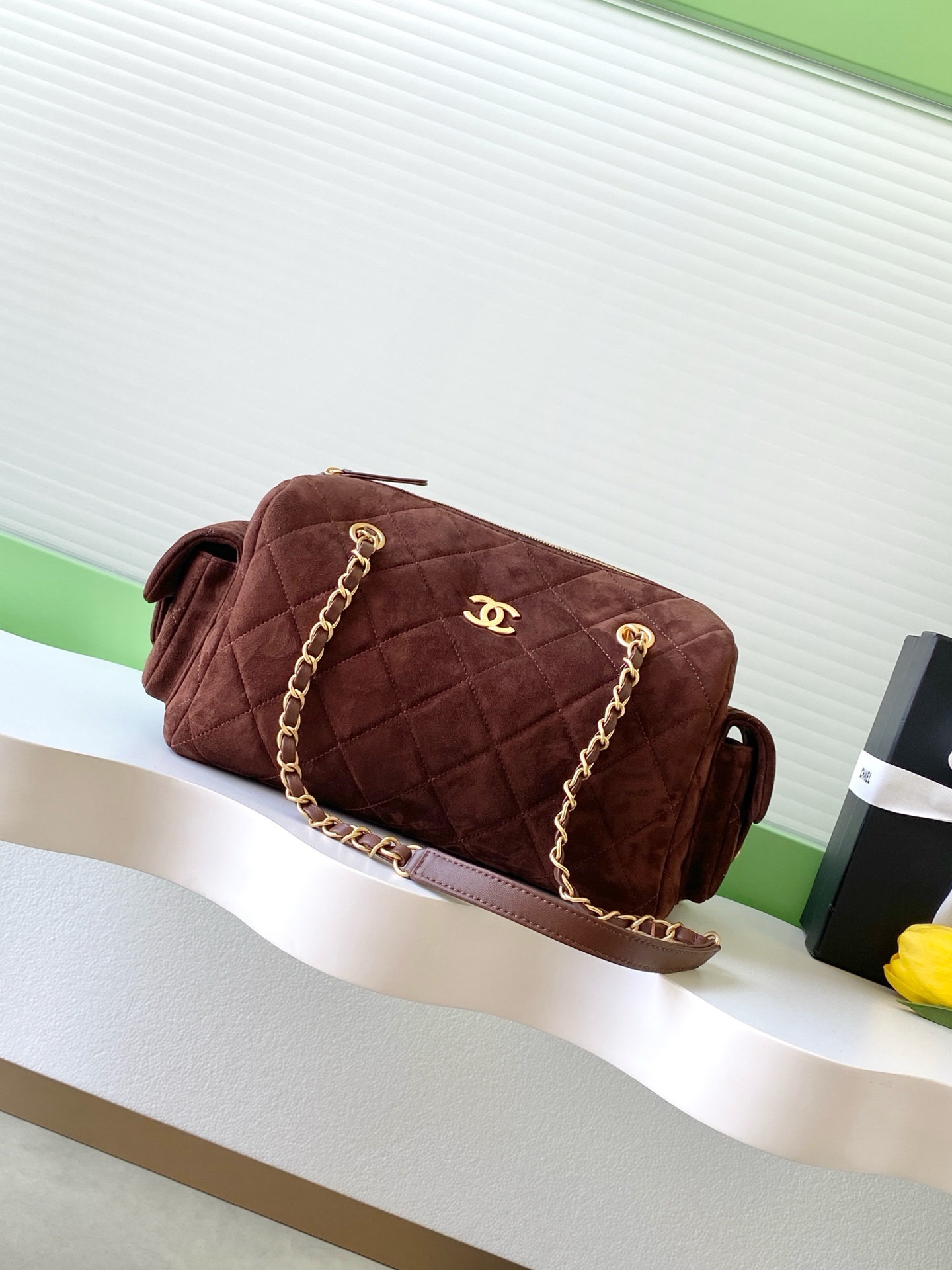 Chanel Bowling Bag Brown Suede Quilted Gold-Tone Hardware, AS5791
