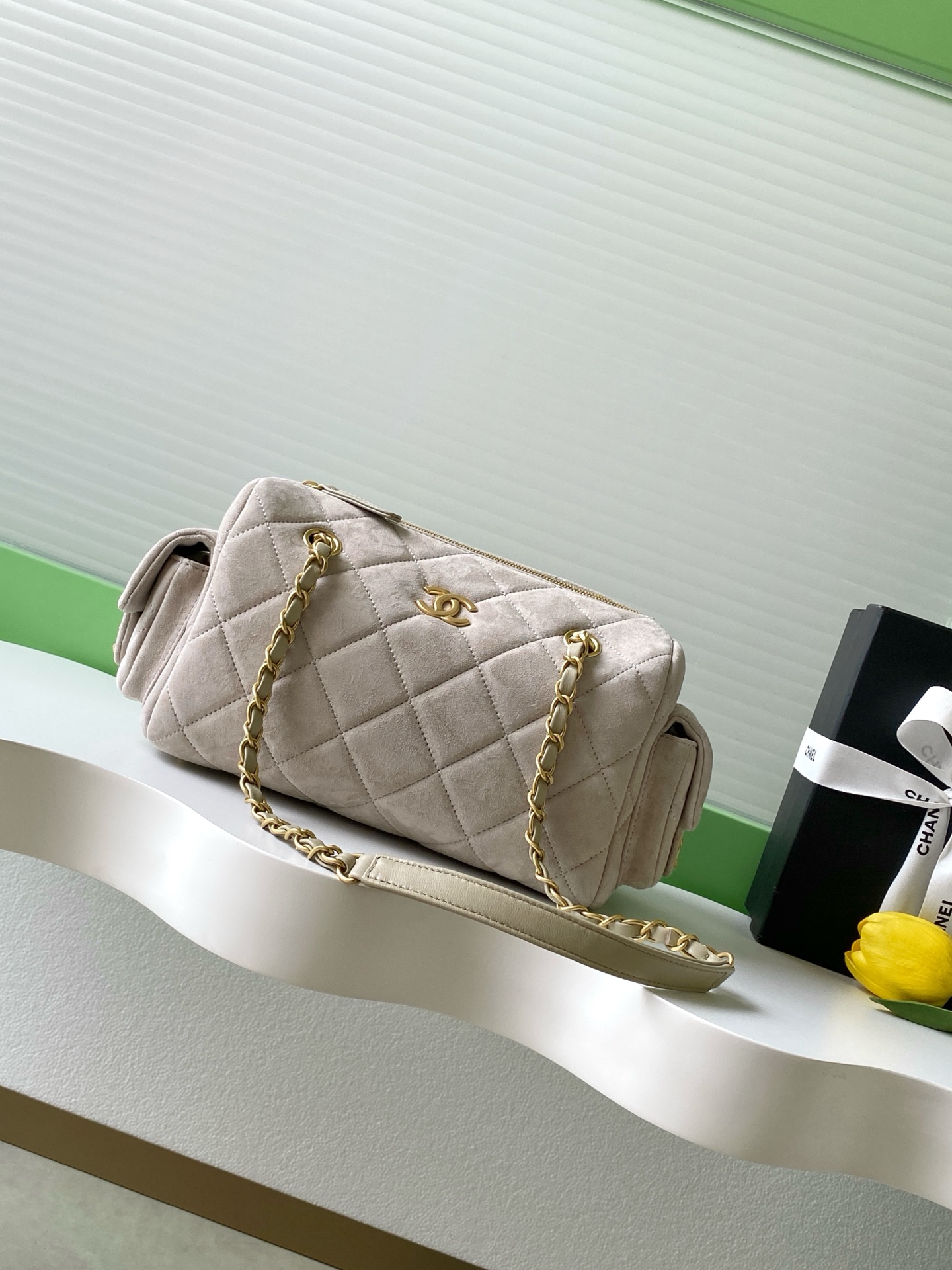 Chanel 25K Suede Bowling Bag with Brushed Gold Hardware - AS5792