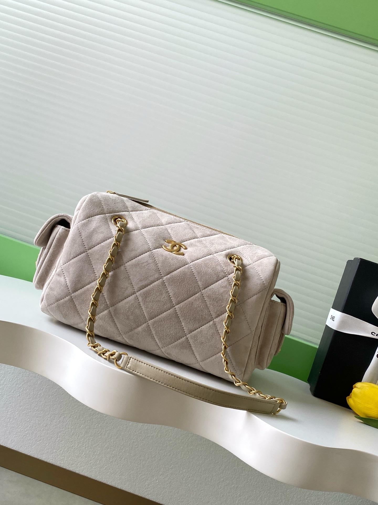 Chanel Bowling Bag Beige Suede Leather with Gold-Tone Hardware, AS5791