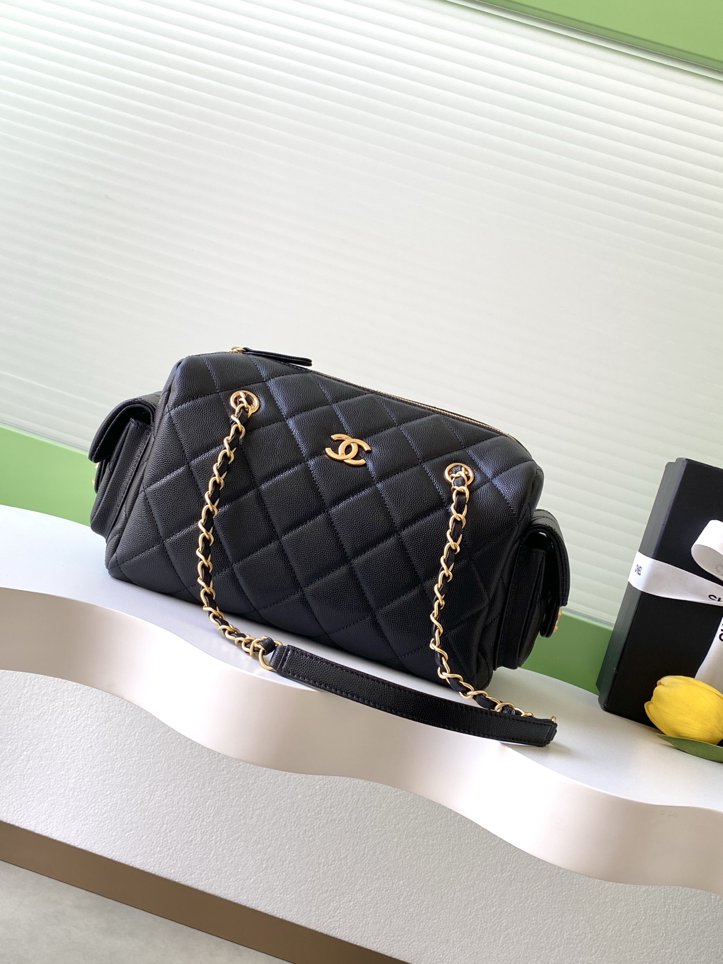 Chanel 25K Bowling Bag Black Litchi Leather Gold Hardware, AS5791