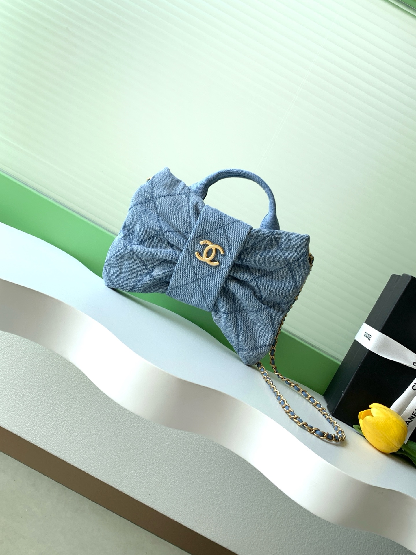 Chanel Denim Flap Bag with Bow, Chain, and Handle - AS5849