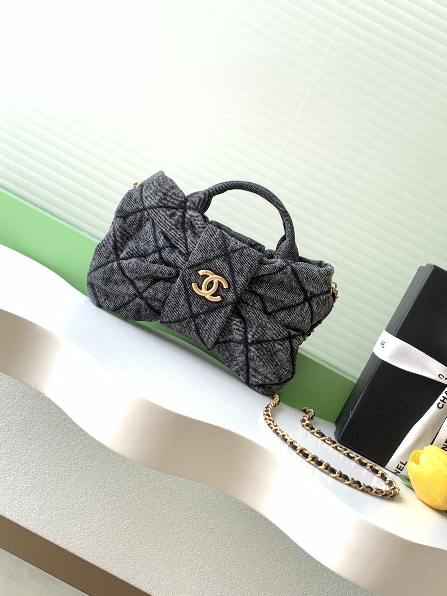 Chanel Denim Flap Bag with Bow Accent, Chain Strap, AS5849, 18 x 26 x 5 cm